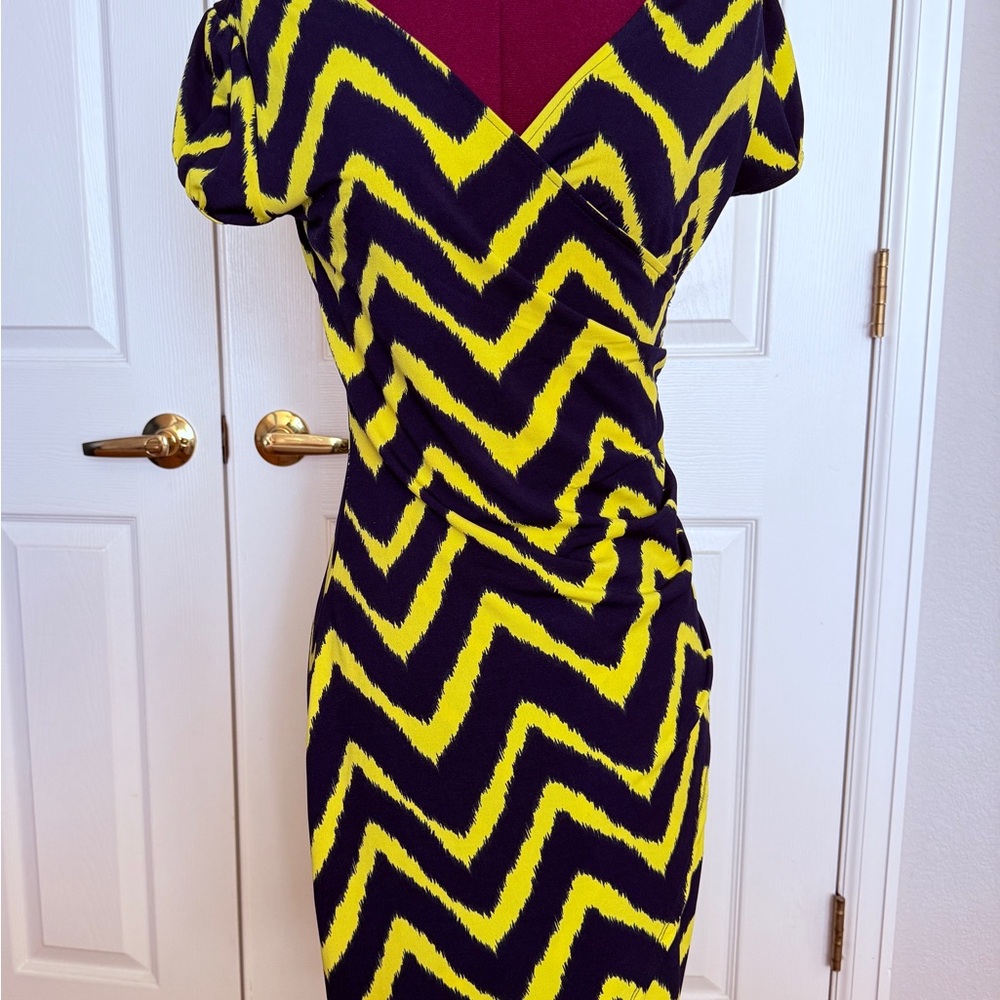 Daniel Cremieux Yellow and Blue Chevron Midi Dress